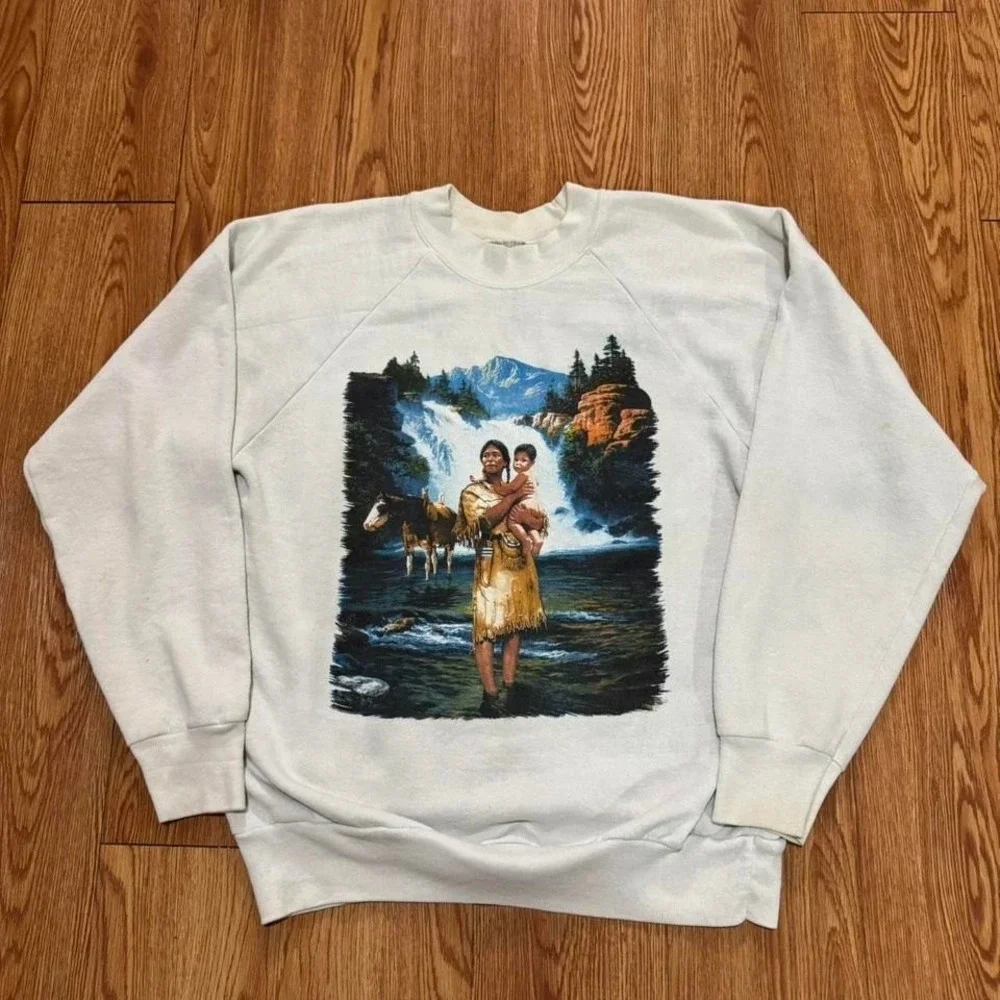 Vintage Native American Men's Sweatshirt 90s Wildlife White Crewneck Size L‎ - Picture 2 of 8